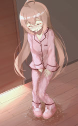 1girl ahoge between_legs blush brown_hair collarbone door embarrassed female_focus full_body hand_between_legs have_to_pee highres indoors long_hair long_sleeves minoco nose_blush open_mouth original pajamas pants peeing peeing_self pigeon-toed pink_footwear pink_pants pink_shirt shirt slippers solo standing sweat wet wet_clothes rating:Questionable score:38 user:AngryZapdos