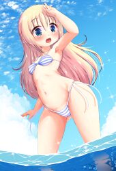  1girl absurdres ana_coppola arm_up bikini blonde_hair blue_eyes blush breasts bubble cloud collarbone covered_erect_nipples ether_core female_focus highres ichigo_mashimaro loli long_hair looking_at_viewer navel ocean open_mouth outdoors partially_submerged side-tie_bikini_bottom sky small_breasts smile solo sparkle standing striped_bikini striped_clothes swimsuit water white_bikini wide_hips 