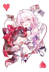  1girl :d absurdres arm_up bow cocoballking collarbone commentary_request hair_between_eyes heart heart_card highres honkai:_star_rail honkai_(series) long_hair looking_at_viewer march_7th_(honkai:_star_rail) open_mouth photo_(object) pink_hair pom-pom_(honkai:_star_rail) red_bow simple_background smile two-tone_eyes v white_background 