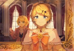 1boy 1girl aku_no_meshitsukai_(vocaloid) allen_avadonia androgynous ascot backlighting blonde_hair blue_eyes blush bow brother_and_sister choker collarbone cosplay costume_switch crossdressing curtains dress_bow dress_flower earrings evillious_nendaiki flower framed hair_bow hair_ornament hairclip half-closed_eyes highres jacket jewelry kagamine_len kagamine_rin looking_at_another mirror open_mouth orange_bow orange_jacket picture_frame reflection riliane_lucifen_d&#039;autriche rose short_ponytail siblings smile twins updo vocaloid window yellow_bow yellow_flower yellow_rose yonikki rating:Sensitive score:11 user:danbooru