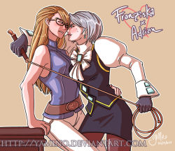 2girls ace_attorney adrian_andrews ascot bare_shoulders belt blonde_hair blush breasts covered_erect_nipples earrings embarrassed formal franziska_von_karma glasses gloves hand_on_another&#039;s_hip jewelry leg_between_thighs long_hair looking_at_another multiple_girls pantyhose parted_bangs parted_lips pencil_skirt short_hair signature silver_hair skirt sleeveless smile sweat watermark whip yamino yuri rating:Questionable score:25 user:danbooru