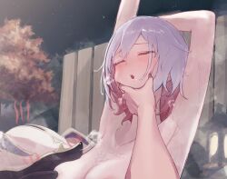  1girl 1other annotated arm_behind_head armpits arms_up blush breasts cleavage closed_eyes closed_mouth collarbone colored_inner_hair commentary_request fence highres honkai:_star_rail honkai_(series) large_breasts medium_hair multicolored_hair night night_sky nose_blush nude numby_(honkai:_star_rail) onsen open_mouth red_hair sanshoku_dango_(ahxf3842) sky stretching sweat topaz_(honkai:_star_rail) towel towel_slip tree trotter_(honkai:_star_rail) upper_body water white_hair 