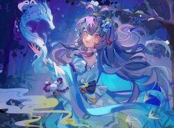  1girl :d bei_zhou_tie blue_flower bow detached_sleeves dragon dress eastern_dragon eastern_dragon_horns flower hair_flower hair_ornament hair_rings highres long_hair long_sleeves looking_at_viewer luo_tianyi night open_mouth purple_hair smile solo tassel tree virtual_youtuber vocaloid vsinger wide_sleeves yellow_eyes 