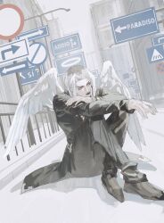  1boy angel angel_wings black_lips blue_eyes commentary crossed_legs feathered_wings halo highres italian_text jojo_no_kimyou_na_bouken knees_up leone_abbacchio lipstick long_hair long_sleeves looking_to_the_side makeup male_focus parted_bangs ringpullwww road_sign sign sitting solo vento_aureo white_hair wings 