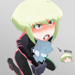1boy ascot black_gloves black_jacket blush bound bound_wrists closed_eyes gloves green_hair half_gloves jacket japanese_text kneeling lio_fotia looking_up male_focus ns1123 open_mouth promare purple_eyes sexually_suggestive solo suggestive_fluid swallowing tears translation_request rating:Questionable score:35 user:danbooru