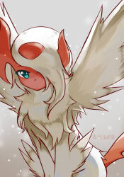 absol alternate_color creatures_(company) feathered_wings game_freak gen_3_pokemon green_eyes horns mega_absol mega_pokemon nintendo pokemon pokemon_(creature) radralix shiny_pokemon signature sitting solo white_hair wings