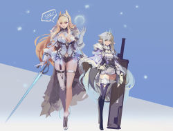  2girls blonde_hair breasts cleavage crown height_difference high_heels highres long_hair looking_at_viewer multiple_girls open_mouth original pointy_ears short_shorts shorts simple_background smjim1986 sword thighhighs thighs weapon white_hair 