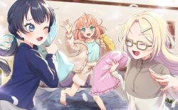  3girls :d ;d ^_^ aqua_eyes bedroom blanket blonde_hair blue_eyes blue_hair blue_ribbon blue_shirt blue_sweater blurry brown-framed_eyewear brown_jacket brown_shorts closed_eyes commentary_request crossed_bangs dark_blue_hair fang feathers glasses hair_down hair_ornament hair_ribbon hairclip hinoshita_kaho holding holding_pillow indoors jacket kyaku_tasu link!_like!_love_live! long_hair long_sleeves looking_at_another loungewear love_live! low_twintails medium_hair midriff_peek multiple_girls murano_sayaka official_alternate_costume on_bed one_eye_closed open_clothes open_jacket open_mouth orange_hair osawa_rurino picture_frame pillow pillow_fight rabbit_hair_ornament ribbon shirt shorts smile sparkle sweater teeth twintails two_side_up upper_teeth_only v-shaped_eyebrows virtual_youtuber 