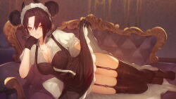  1girl agent_(girls&#039;_frontline) black_gloves black_hair black_thighhighs breasts cleavage clothes_lift double_bun dress girls&#039;_frontline gloves hair_between_eyes hair_bun highres large_breasts long_hair looking_at_viewer maid maid_day maid_headdress sangvis_ferri short_sleeves solo thighhighs yellow_eyes zgmf_snow 