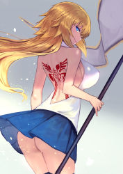  1girl absurdres ass backless_outfit blonde_hair blue_eyes blue_skirt blush breasts closed_mouth command_spell cowboy_shot fate/apocrypha fate_(series) flag from_behind highres jeanne_d&#039;arc_(fate) jeanne_d&#039;arc_(girl_from_orleans)_(fate) jeanne_d&#039;arc_(ruler)_(fate) large_breasts long_hair looking_at_viewer looking_away sawawse sideboob skirt sleeveless sleeveless_turtleneck smile smirk solo tattoo turtleneck very_long_hair  rating:Sensitive score:28 user:danbooru