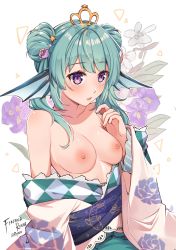  breasts finana_ryugu green_hair highres japanese_clothes kimono medium_breasts nijisanji nijisanji_en purple_eyes virtual_youtuber  rating:Explicit score:57 user:kamon1000
