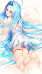 1girl :t ahoge ass bare_shoulders barefoot bed_sheet blue_eyes blue_hair blush chemise closed_mouth embarrassed feet feet_up female_focus from_behind full_body granblue_fantasy half-closed_eyes hand_up highres long_hair looking_at_viewer looking_back lying lyria_(granblue_fantasy) matching_hair/eyes nose_blush on_stomach peeing peeing_self puddle see-through solo unosuke very_long_hair rating:Questionable score:14 user:AngryZapdos
