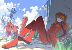  1girl blue_sky blurry blurry_foreground bodysuit breasts cloud cloudy_sky eva_02 fence full_body grass hair_over_one_eye knees_up crossed_legs multicolored_bodysuit multicolored_clothes neon_genesis_evangelion orange_hair outdoors peroringa plugsuit red_bodysuit shadow sitting sky small_breasts solo souryuu_asuka_langley utility_pole  rating:Sensitive score:11 user:danbooru