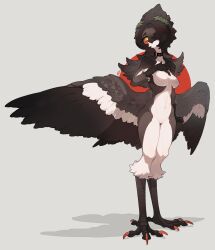 1girl arm_at_side beak bird_girl bird_legs bird_wings black_choker black_hair breasts bright_pupils bul_(moiko) choker digitigrade feathered_wings full_body furry furry_female grey_background hair_over_one_eye hand_on_own_chest highres laurel_crown long_hair looking_at_viewer low_wings medium_breasts navel one_eye_covered orange_nails original parted_bangs signature simple_background solo standing talons white_pupils wings yellow_eyes