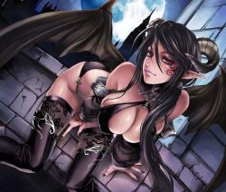      black_hair black_wings breasts demon horns large_breasts long_hair nail_polish pointy_ears red_eyes sadakage demon_girl tagme tattoo thighhighs wings  rating:Questionable score:159 user:albest13