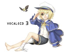  1boy bad_id bad_pixiv_id bandages barefoot bird blonde_hair child eyepatch feet full_body green_eyes hat james_(vocaloid) male_focus nenna oliver_(vocaloid) one_eye_covered sailor sailor_hat salute short_hair shorts simple_background smile solo tree vocaloid yellow_eyes  rating:Sensitive score:12 user:CamiMikune