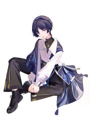  1boy :p absurdres black_footwear black_pants blue_eyes blue_hair boots hat highres jewelry long_sleeves looking_at_viewer necklace pants scaramouche_(genshin_impact) simple_background sitting solo tongue tongue_out white_background yuchenz34382399  rating:General score:0 user:RiroDouribu