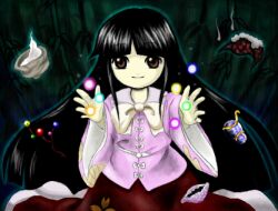  1girl black_hair bow bowtie branch brown_eyes closed_mouth cowry_shell houraisan_kaguya jeweled_branch_of_hourai long_hair long_sleeves looking_at_viewer lowres medinki official_style outstretched_arms parted_bangs pink_shirt red_skirt shirt skirt smile solo touhou very_long_hair white_bow white_bowtie wide_sleeves zun_(style) 