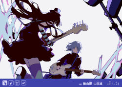  2girls absurdres akiyama_mio bass_guitar black_dress black_hair black_shirt blue_hair bocchi_the_rock! crossover detached_sleeves don&#039;t_say_&quot;lazy&quot; dress electric_guitar expressionless fender_precision_bass floating_hair gloves guitar hat highres hime_cut holding holding_instrument instrument jacket k-on! long_hair long_sleeves mini_hat mini_top_hat multiple_girls music null024 playing_instrument shirt shoe_soles short_hair standing thighhighs top_hat track_jacket upper_body white_background yamada_ryo 