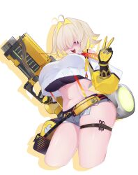  1girl ahoge black_gloves black_sports_bra blonde_hair breasts clothing_cutout crop_top cropped_sweater elegg_(nikke) exposed_pocket gloves goddess_of_victory:_nikke grey_shorts hair_intakes hair_over_eyes highres holding holding_weapon large_breasts long_bangs long_sleeves micro_shorts multicolored_clothes multicolored_gloves multicolored_hair navel purple_eyes short_hair shorts shoulder_cutout skindentation solo sports_bra suspender_shorts suspenders thigh_strap thighs two-tone_hair v weapon wendyira yellow_gloves 