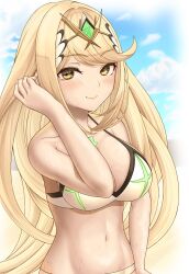  1girl beach bikini blonde_hair breasts cleavage cloud highres large_breasts long_hair looking_at_viewer mythra_(xenoblade) navel sand smile solo swimsuit wet xenoblade_chronicles_(series) xenoblade_chronicles_2 yellow_eyes  rating:Sensitive score:6 user:akenatorx