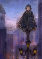  1girl blue_sky bob_cut brown_hair building city cloak closed_mouth closed_eyes kageco lamppost original outdoors sky smile solo standing 