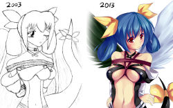  00s 10s 1girl 2003 2013 arc_system_works arms_behind_back artist_progress asymmetrical_wings bad_anatomy bare_shoulders bdsm before_and_after blue_hair blush bondage bound bow breast_bondage breasts center_opening choker comparison detached_sleeves dizzy_(guilty_gear) guilty_gear hair_bow hair_rings large_breasts long_hair maullarmaullar navel poorly_drawn red_eyes ribbon rope shibari shibari_over_clothes solo tail tail_ornament tail_ribbon underboob wings  rating:Questionable score:14 user:danbooru