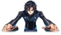1boy artist_request black_hair black_shirt blue_eyes buttons closed_mouth code_geass code_geass:_lost_stories controller foreshortening game_cg hair_between_eyes highres joystick leaning_forward long_sleeves looking_at_viewer male_focus mario_disel non-web_source official_art outstretched_arms serious shirt short_hair sidelocks simple_background solo straight-on transparent_background upper_body v-shaped_eyebrows