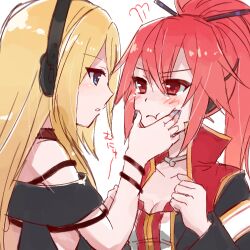  2girls black_choker black_headphones blonde_hair blue_eyes blue_nails blush_stickers breasts choker cleavage collarbone cul gothloli_dokuro grey_choker grey_shirt hair_between_eyes hand_on_another&#039;s_cheek hand_on_another&#039;s_face headphones jacket lily_(vocaloid) long_hair looking_at_another multiple_girls off-shoulder_shirt off_shoulder ponytail puff_of_air red_eyes red_hair shirt sidelocks simple_background small_breasts squeezing_cheeks vocaloid white_background yuri 