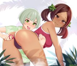 1boy 1girl anal_beads anus ass ass_focus bad_id bad_pixiv_id black_panties blouse brown_eyes brown_hair forest green_eyes green_shirt jungle licking mole mole_under_eye nature pale_color panties rezodwel self-upload sex_toy sex_toy_pull shirt smile tan thong twintails underwear rating:Explicit score:157 user:abdulajfo_eotwpt