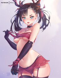  1girl antlers aqua_eyes artist_name asymmetrical_bangs asymmetrical_hair bare_shoulders black_choker black_gloves black_hair black_thighhighs blush breasts choker collarbone commentary cosplay creatures_(company) dusk_ball earrings elbow_gloves english_commentary fur_trim game_freak gen_5_pokemon gloves hair_ornament hair_ribbon holding holding_poke_ball horns jewelry long_hair looking_at_viewer marnie_(pokemon) medium_breasts mitsu_(mitsu_art) navel nintendo open_clothes open_mouth panties patreon_username photoshop_(medium) poke_ball pokemon pokemon_ears pokemon_swsh red_panties red_ribbon ribbon sarashi sawsbuck sawsbuck_(cosplay) sawsbuck_(winter) simple_background thighhighs twintails underwear v-shaped_eyebrows  rating:Sensitive score:16 user:danbooru