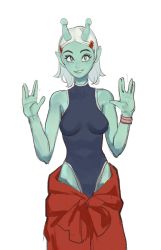  1girl antennae bare_shoulders black_eyes black_one-piece_swimsuit breasts bright_pupils colored_skin green_skin hair_ornament hairclip hands_up highres interstella_5555 looking_at_viewer medium_breasts medium_hair mossacannibalis one-piece_swimsuit salute simple_background smile solo swimsuit vulcan_salute white_background white_hair white_pupils wristband 