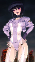  1girl :d black_choker black_hair black_sky blurry blurry_background bob_cut breasts choker cityscape cloud cowboy_shot dark_clouds fingerless_gloves ghost_in_the_shell gloves gluteal_fold hands_on_own_hips highleg highleg_leotard highres jacket kemurin kusanagi_motoko leotard long_sleeves looking_down medium_breasts multicolored_eyes night open_mouth pink_eyes purple_jacket red_eyes see-through shiny_skin short_hair sky smile solo standing teeth thighhighs white_thighhighs  rating:Questionable score:52 user:danbooru