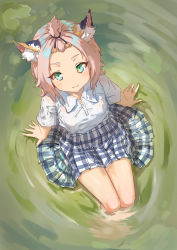 1girl absurdres animal_ear_fluff animal_ears bangs_pinned_back blue_skirt blush breasts cat_ears cat_girl collared_shirt diona_(genshin_impact) dress_shirt float-dian genshin_impact green_eyes highres looking_at_viewer looking_up perspective pink_hair plaid plaid_skirt shirt sitting skirt small_breasts smile solo thighs water white_shirt rating:Sensitive score:38 user:danbooru