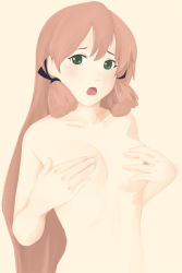 10s 1girl akashi_(kancolle) blush breasts covering_privates covering_breasts green_eyes hair_ribbon kantai_collection kiruhi long_hair looking_at_viewer nipples nude open_mouth pink_hair ribbon small_breasts solo tress_ribbon twintails upper_body