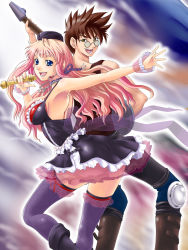  00s 1990s_(style) 1boy 1girl armpits back-to-back blue_eyes breasts brown_eyes brown_hair glasses guitar highres instrument large_breasts listen_to_my_song long_hair long_legs macross macross_7 macross_frontier microphone nekki_basara pink_hair sheryl_nome smile thighhighs yaso_shigeru 