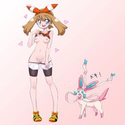 1girl 2017 :d bane_(artist) bike_shorts blue_eyes blush bow breasts brown_hair cleft_of_venus clothes_lift clothes_pull creatures_(company) female_focus floating_hair flying_sweatdrops full_body game_freak gen_6_pokemon gradient_background hair_bow hair_ornament hairband heart lifting_own_clothes may_(pokemon) medium_breasts navel nintendo nipples open_clothes open_mouth pink_background pokemon pokemon_(creature) pokemon_oras pulling_own_clothes pussy shirt shirt_lift short_shorts shorts shorts_pull shorts_under_shorts sleeveless sleeveless_shirt smile standing surprised sylveon uncensored white_background