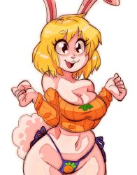  blonde_hair breasts carrot carrot_(one_piece) carrot_print food_print one_piece rabbit_ears rabbit_girl rabbit_tail short_hair sweater thong  rating:Questionable score:66 user:CreditCard