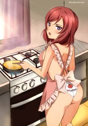 1girl :o absurdres apron ass back back-print_panties blush box_wonderland breasts cooking curtains food from_behind highres holding_utensil indoors kitchen looking_at_viewer looking_back love_live! love_live!_school_idol_project medium_breasts medium_hair nearly_naked_apron nishikino_maki omelet panties print_panties purple_eyes red_hair solo stove thighs tomato twitter_username underwear v-shaped_eyebrows wedgie white_panties rating:Sensitive score:113 user:danbooru