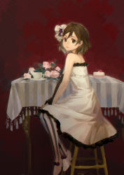 1girl absurdres bad_id bad_pixiv_id bare_shoulders black_gloves black_pantyhose brown_eyes brown_hair cake cup don&#039;t_say_&quot;lazy&quot; dress elbow_gloves flower food frilled_dress frills full_body geyegua gloves hair_ornament high_heels highres hirasawa_yui k-on! looking_afar medium_hair official_alternate_costume pantyhose pink_flower pink_rose pom_pom_(clothes) red_background rose saucer single_elbow_glove sitting solo stool strapless strapless_dress striped_clothes striped_pantyhose table tablecloth tareme tassel teacup two-tone_legwear vertical-striped_clothes vertical-striped_pantyhose watercolor_background white_dress white_footwear white_pantyhose rating:General score:14 user:pugsaremydrugs