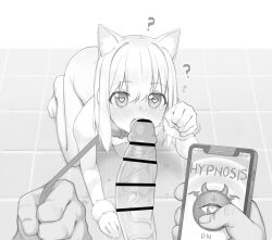  1boy 1girl ? ?? all_fours animal_ears bar_censor bdsm blush borrowed_character cat_ears cellphone censored collar completely_nude erection fellatio flat_chest greyscale heart heart-shaped_pupils hetero highres holding holding_leash holding_phone hypnosis large_penis leash loli looking_at_viewer medium_hair mind_control monochrome nose_blush nude on_floor open_mouth oral original parfait_(gachigachi) paw_pose penis pet_play phone pov pov_hands slave smartphone solo_focus sweat symbol-shaped_pupils tearing_up tile_floor tiles veins veiny_penis wrist_cuffs yeun  rating:Explicit score:384 user:danbooru