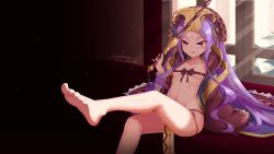  1girl artist_name bare_legs barefoot breasts dated facial_mark fate_(series) feet foot_focus forehead_mark highres holding indoors japanese_clothes kimono leg_up long_hair purple_eyes purple_hair sitting small_breasts smile soles solo toes very_long_hair wavy_hair window wu_zetian_(fate) z_-_chcrghan 