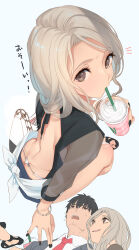  1boy 1girl ass bag black_hair black_nails blonde_hair bracelet brown_eyes cup disposable_cup drinking_straw drinking_straw_in_mouth foreshortening from_above highres holding holding_cup jewelry long_hair long_sleeves looking_at_viewer looking_back multiple_views nail_polish necktie notice_lines open_mouth original perspective red_necktie short_hair shorts simple_background smile solo_focus tatami_to_hinoki translation_request white_background 