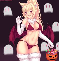1girl animal_ear_fluff animal_ears bikini blonde_hair breasts candy cat_ears claws commentary cowboy_shot demon_wings elbow_gloves english_commentary fang food fur_trim ghost gloves gradient_background halloween highres large_breasts long_hair looking_at_viewer navel nottytiffy open_mouth original red_bikini red_eyes slit_pupils solo standing swimsuit thighhighs tiffy_(nottytiffy) white_gloves white_thighhighs wings rating:Sensitive score:54 user:danbooru