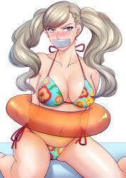  1girl absurdres arms_behind_back bikini blonde_hair blue_bikini blue_eyes blueriest blush breasts cleavage collarbone earrings floral_print gag hair_ornament hairclip highres improvised_gag innertube jewelry large_breasts long_hair looking_at_viewer navel persona persona_5 restrained side-tie_bikini_bottom sitting solo stomach stud_earrings swept_bangs swim_ring swimsuit takamaki_anne tape tape_gag thighs twintails v-shaped_eyebrows wavy_hair wet 