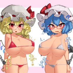  2girls ? @_@ alternate_costume bat_wings bespectacled bikini blonde_hair blue_hair blush breast_expansion breasts chain cowboy_shot cuffs fang flandre_scarlet glasses groin halterneck handcuffs hat hat_ribbon huge_breasts looking_at_viewer mob_cap multiple_girls navel open_mouth ponytail red_bikini red_eyes remilia_scarlet ribbon short_hair side_ponytail simple_background sound_effects standing strap_gap swimsuit touhou white_bikini wings zakozako_y  rating:Questionable score:36 user:e8246