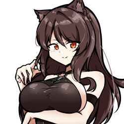  1girl absurdres animal_ear_fluff animal_ears arknights arm_strap arm_under_breasts bare_shoulders black_outline bodystocking breasts brown_hair cat_ears cat_girl closed_mouth commentary_request eyes_visible_through_hair hair_between_eyes hand_up highres large_breasts long_hair looking_at_viewer o-ring orange_eyes outline sideboob simple_background skyfire_(arknights) smile solo split_mouth upper_body white_background xibu_cai 