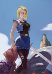  1boy 1girl android_18 belt blonde_hair blue_eyes breasts covered_erect_nipples cropped_jacket day dragon_ball dragonball_z earrings grabbing_another&#039;s_hair highres jacket jewelry jey_rain large_breasts pantyhose purple_hair scabbard sheath short_hair smile sword torn_clothes torn_legwear trunks_(dragon_ball) trunks_(future)_(dragon_ball) weapon  rating:Sensitive score:29 user:danbooru