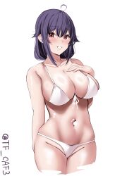  1girl ahoge alternate_costume bikini blush breasts cowboy_shot hair_between_eyes hair_flaps hand_on_own_chest highres kantai_collection large_breasts long_hair looking_at_viewer navel one-hour_drawing_challenge purple_hair red_eyes simple_background smile solo swimsuit taigei_(kancolle) tf_cafe twitter_username white_background white_bikini 