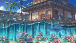  1girl air_conditioner animal architecture artist_name bamboo_screen basket blue_eyes boat building cloud clownfish concept_art cooler coral_reef day east_asian_architecture english_text fish fishing fishing_hook fishing_line fishing_rod fishnets flag hat highres holding holding_fishing_rod jetty kooribata long_hair looking_ahead nagi_itsuki ocean on_floor open_window orange_hair original outdoors palm_tree partially_underwater_shot pier plant potted_plant power_lines rope_ladder sand sandals scenery school_of_fish seafloor shark sitting sky sliding_doors smile stairs stilt_house straw_hat sun_hat swim_ring trash_can tree utility_pole water watercraft window 